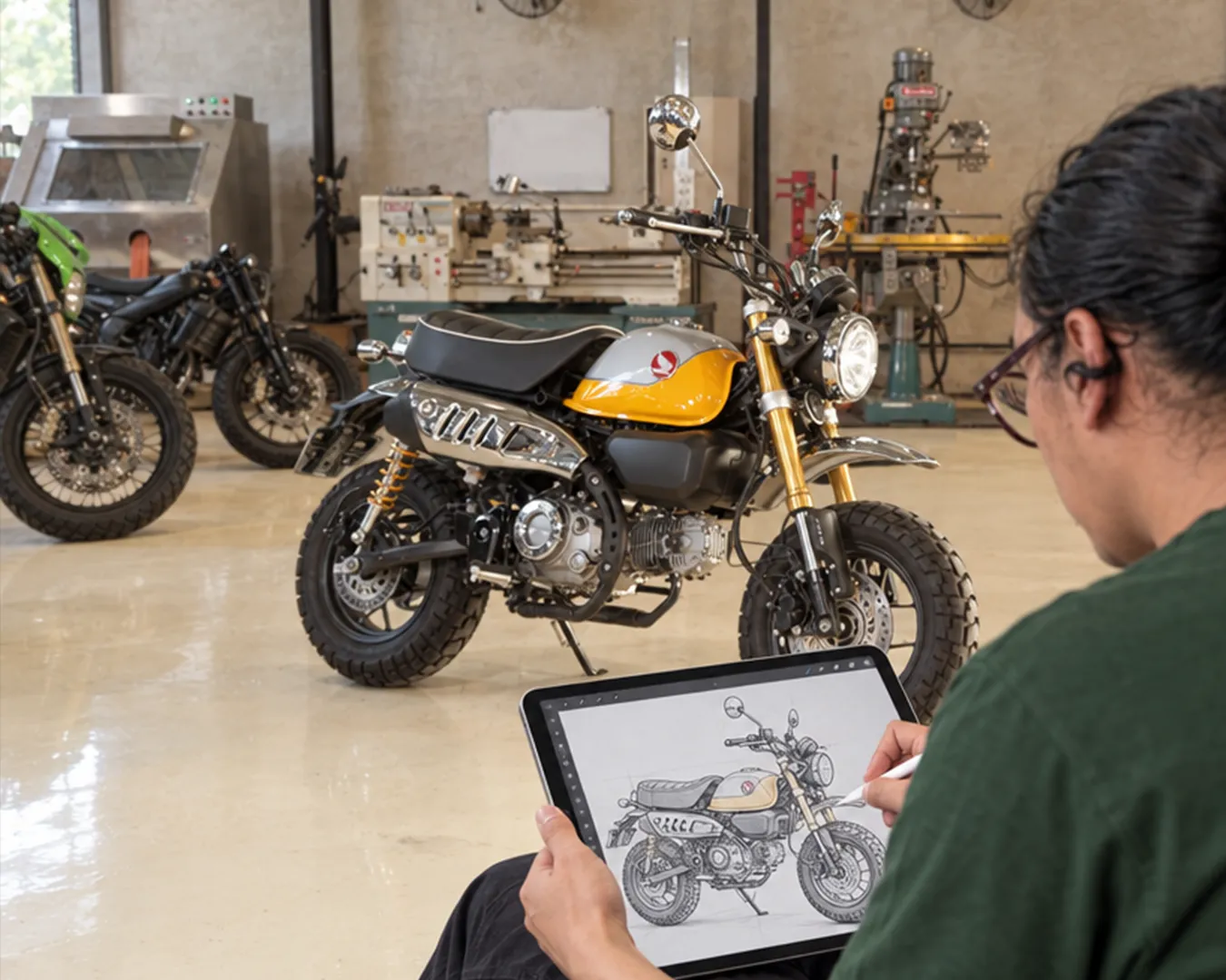 Over the shoulder of someone sketching a motorbike on a tablet in the workshop, the bike parked in front of them